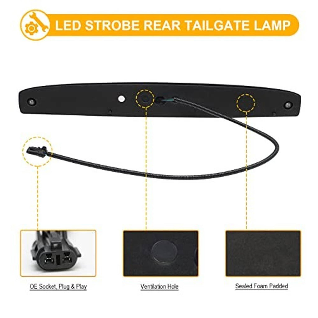 LED tailgate light bar with wiring harness, ventilation holes, black smoked housing