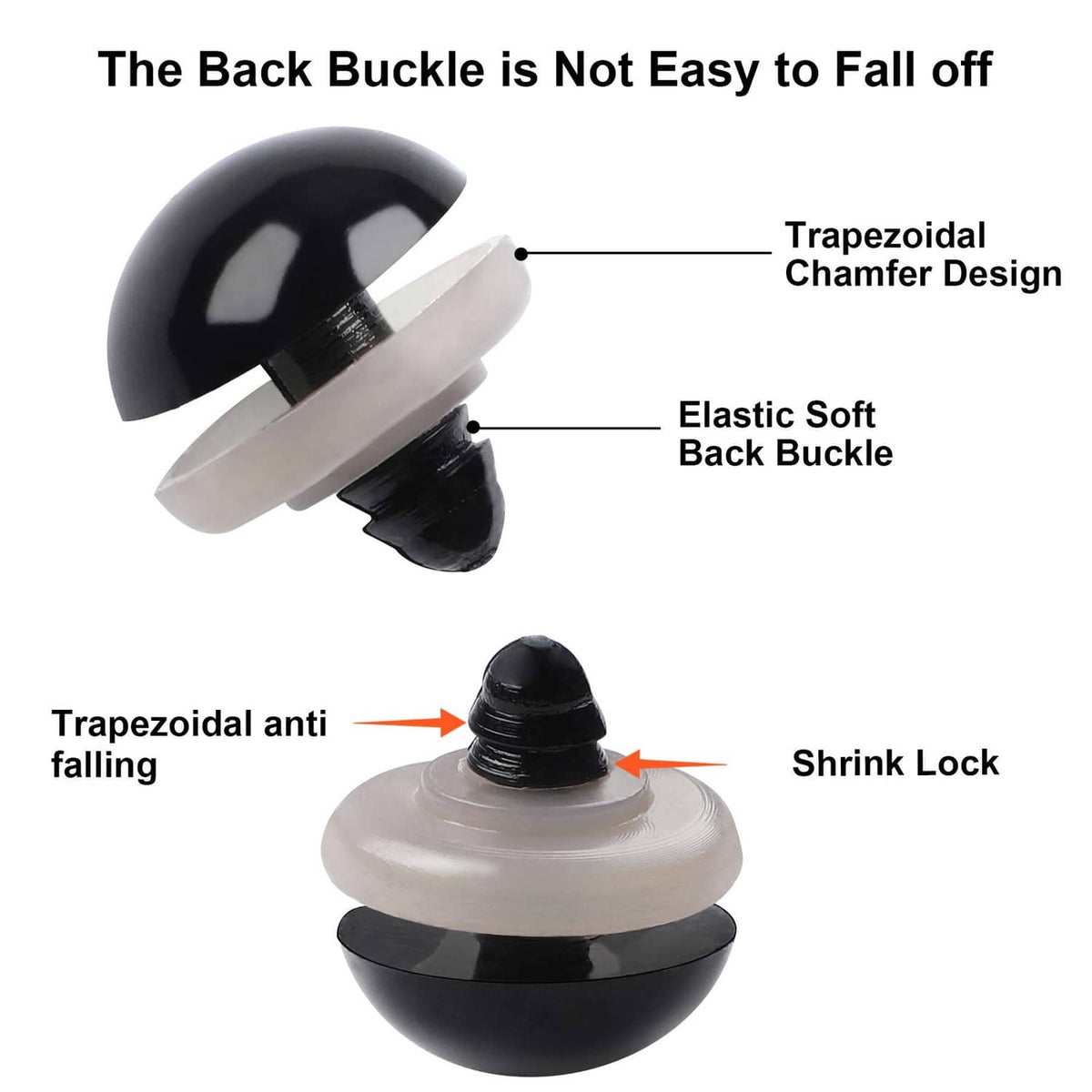 Plastic safety back buckle and shrink-lock design for securely fastening crochet eyes