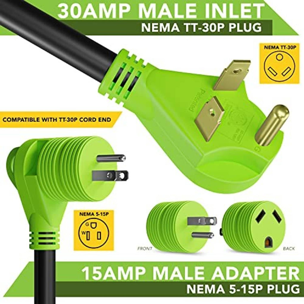 Green 15A to 30A RV adapter cable end with male plug and metal blades