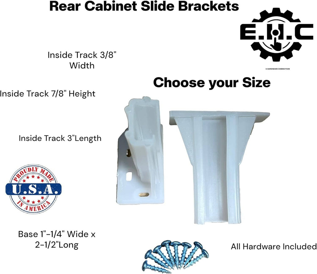 White rear cabinet slide bracket shapes and mounting brackets with included screws