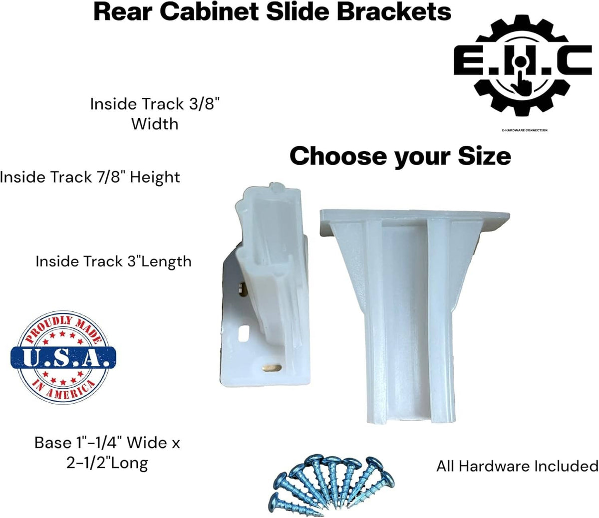 White rear cabinet slide bracket shapes and mounting brackets with included screws