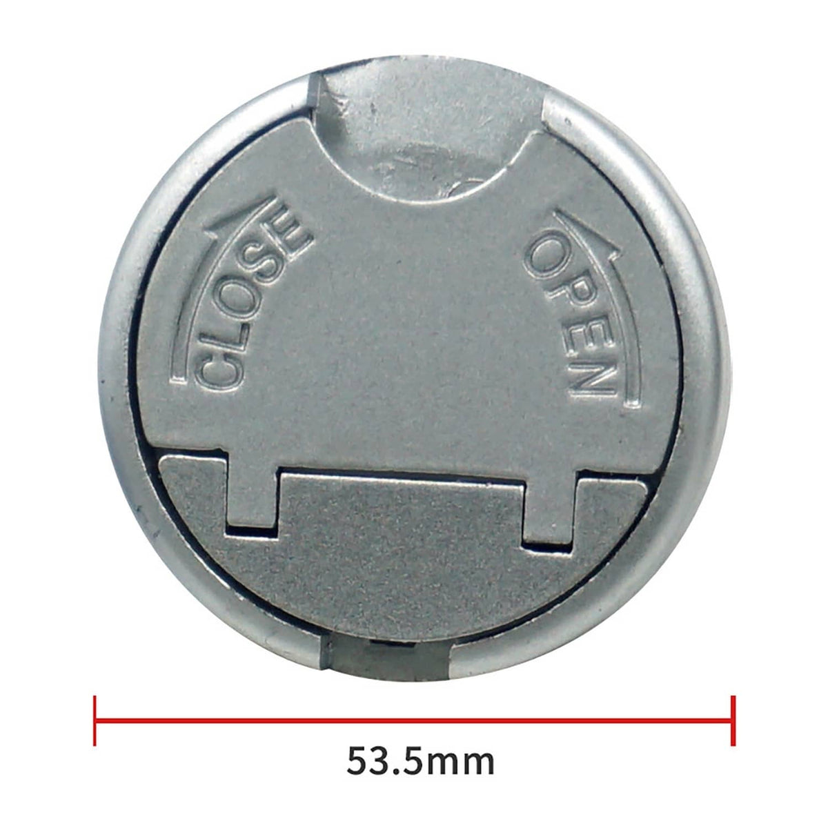 Round gas tank lock cap, silver metal face with OPEN/LOCK markings and size label