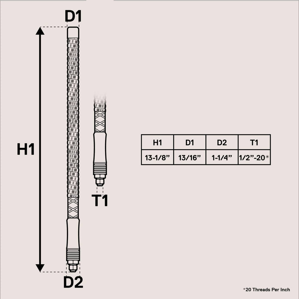 LED whip light size diagram with D1 H1 D2 T1 measurements