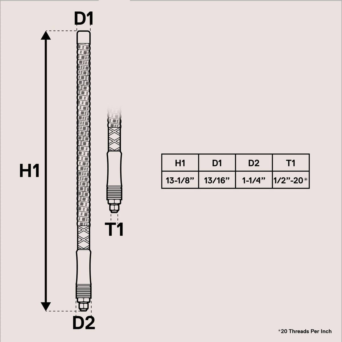 LED whip light size diagram with D1 H1 D2 T1 measurements