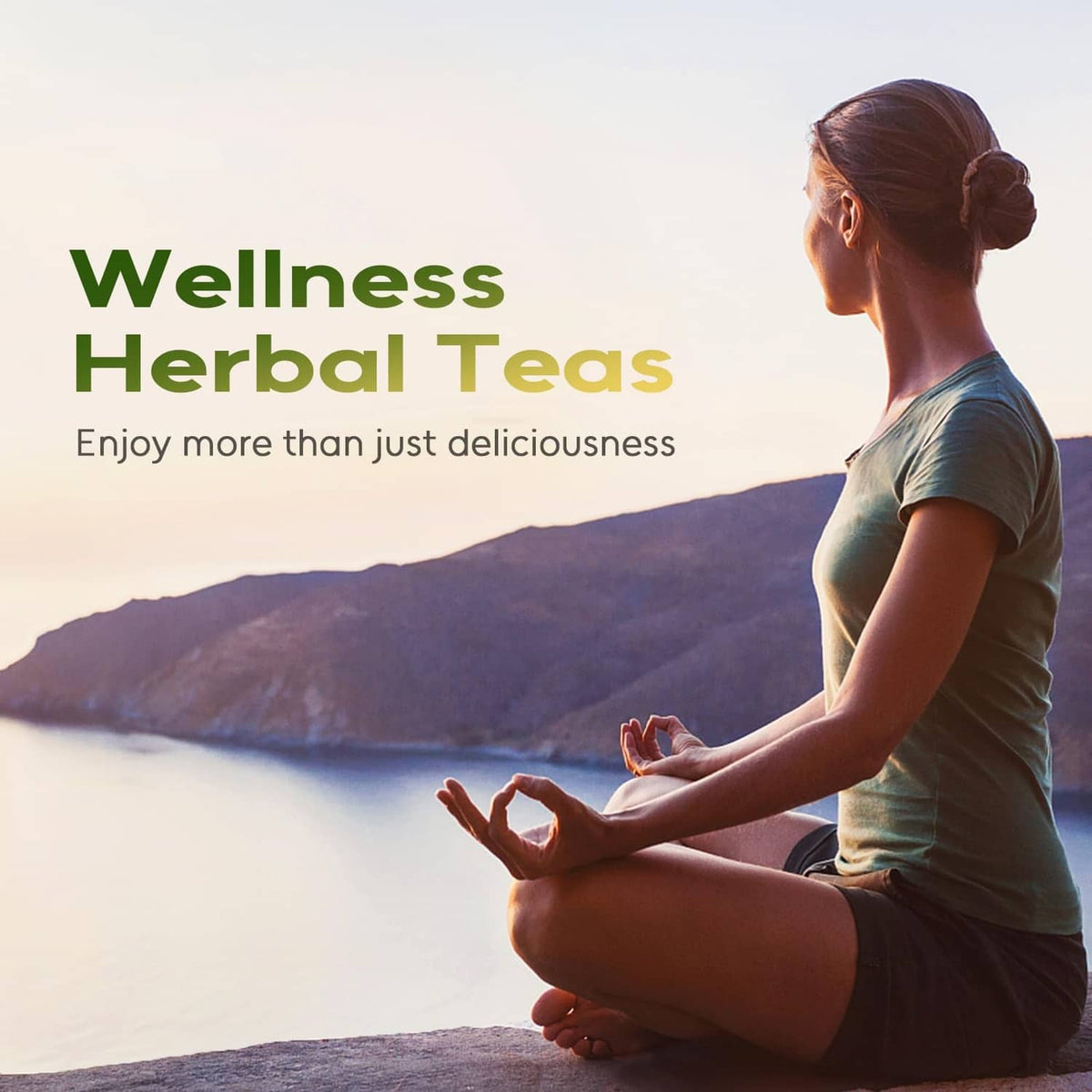 Woman meditating with hands on knees, wellness herbal teas lifestyle