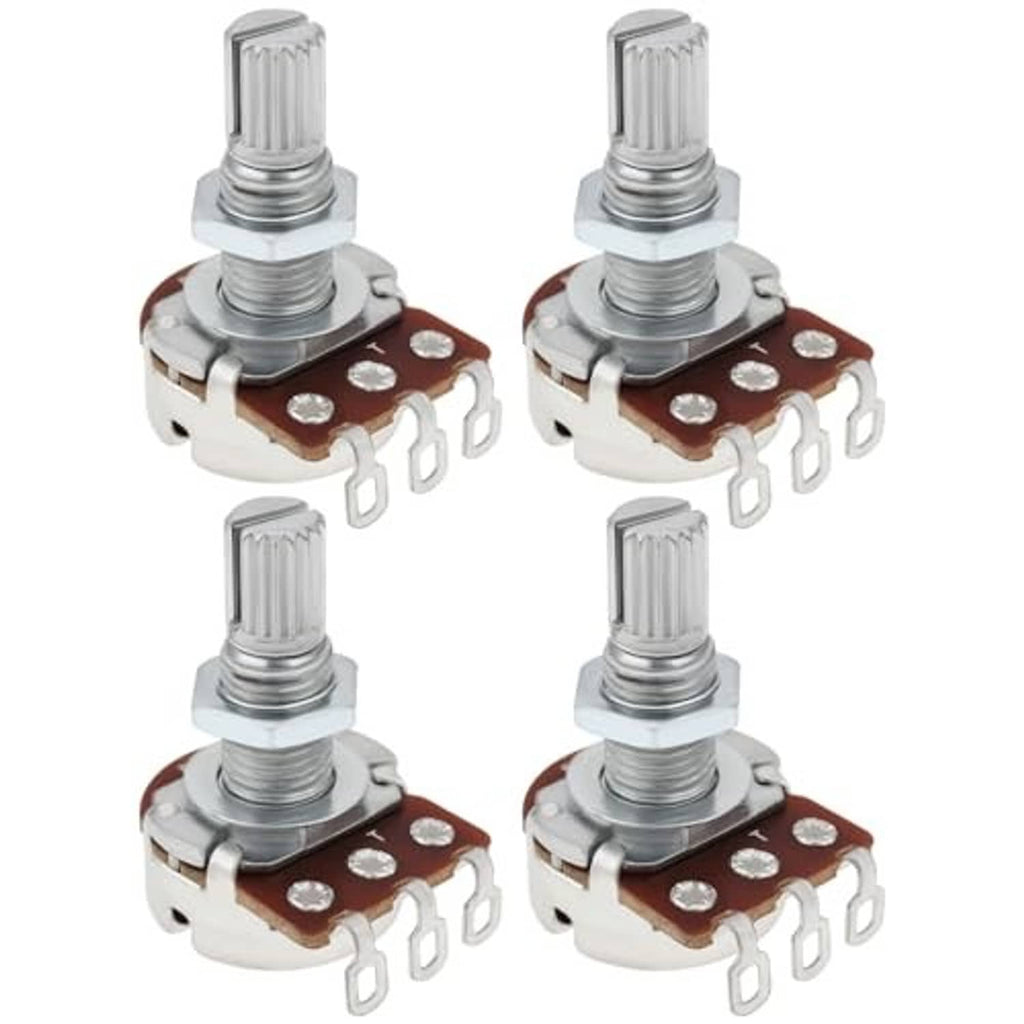 Four-pack linear potentiometer knobs with knurled tops, metal hardware, and brown base plate