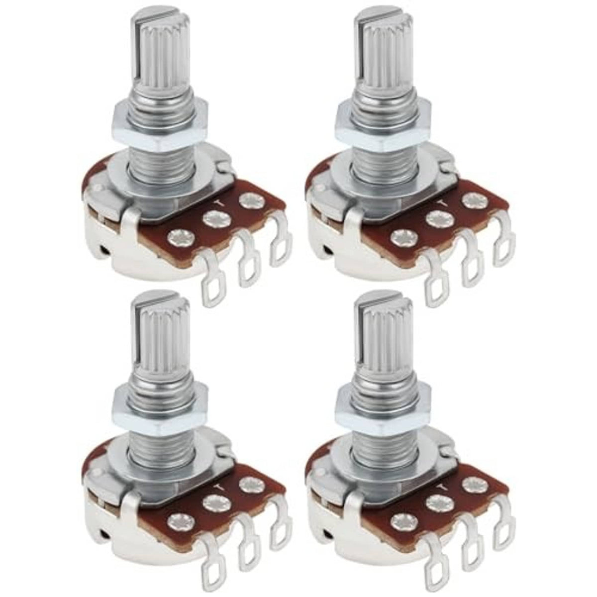 Four-pack linear potentiometer knobs with knurled tops, metal hardware, and brown base plate