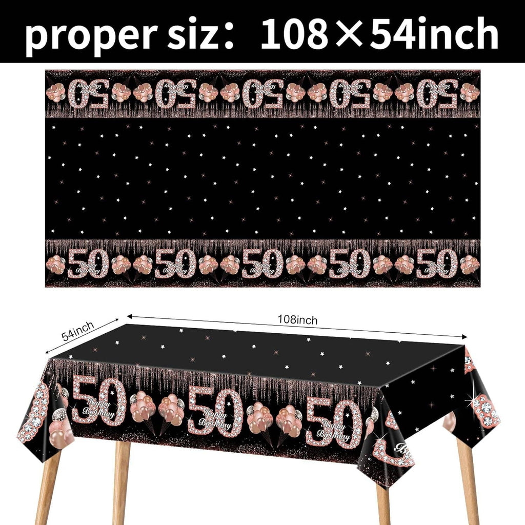 Folded black tablecloth set showing 50 “50” banner pattern with star and dot accents