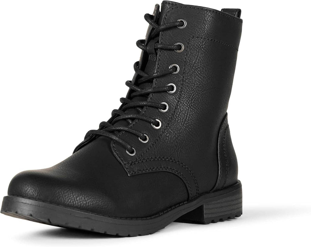 Black lace-up combat boots with lug sole and side zipper, mid-calf shaft