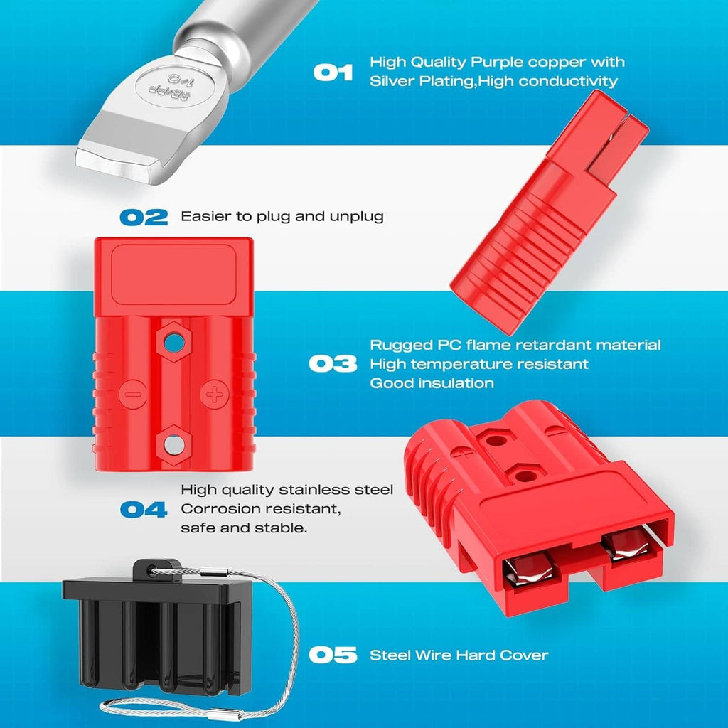 Red battery quick connect with black hard cover and silver-plated wire ends