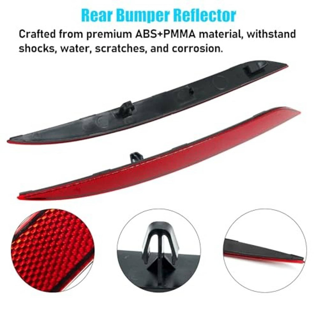 Red rear bumper reflector with black backing and mounting clips, close-up details