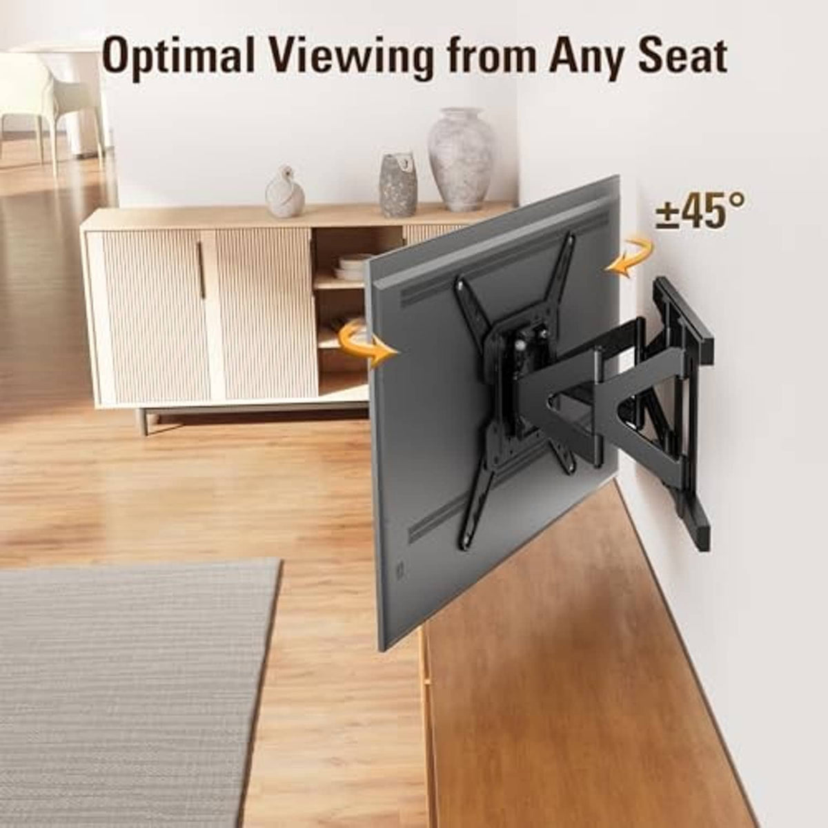 Black articulating TV wall mount bracket with TV tilted outward for viewing