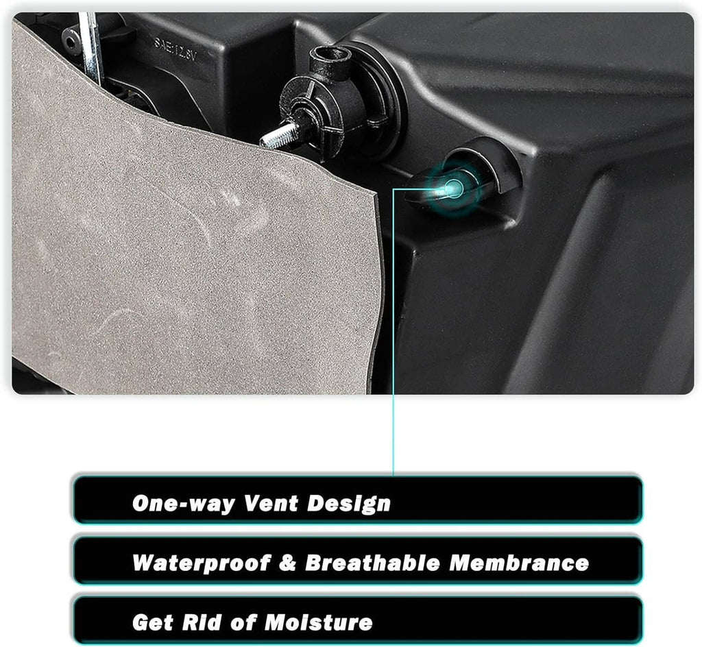 Black headlight side with adjustable projector housing and blue LED vent detail