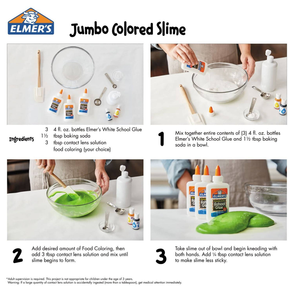 Jumbo colored slime instruction card with Elmer’s glue bottles and tools