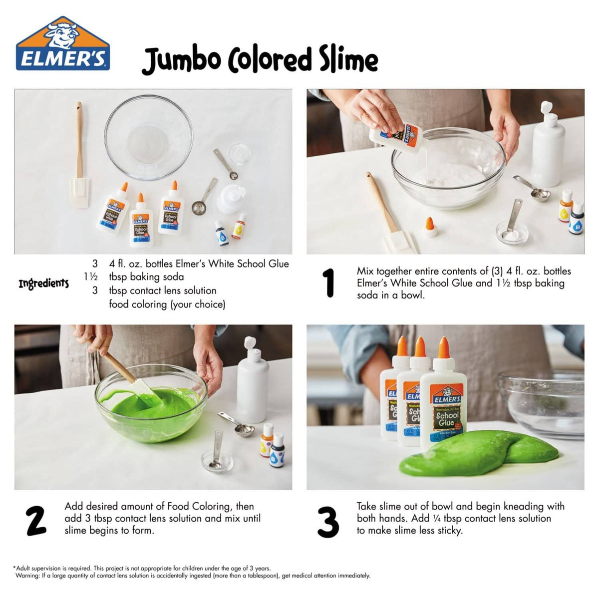 Jumbo colored slime instruction card with Elmer’s glue bottles and tools