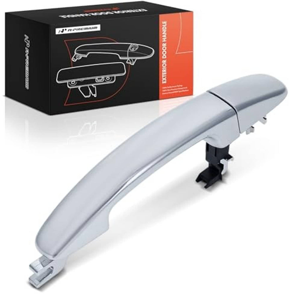 Chrome exterior door handle with mounting hardware, front passenger side.