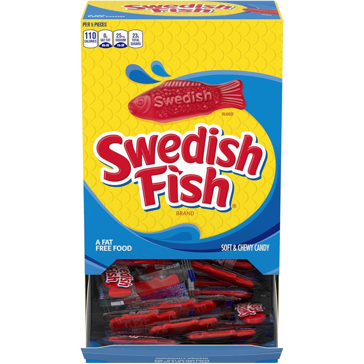 Swedish Fish candy box with soft red fish gummies, 240-count bulk