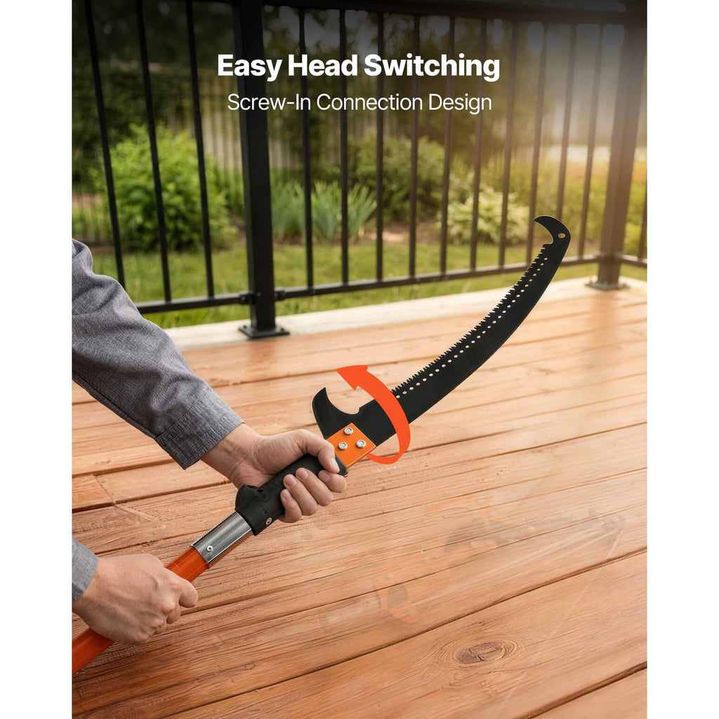 Pole saw head with screw-in connection and black serrated blade on orange handle