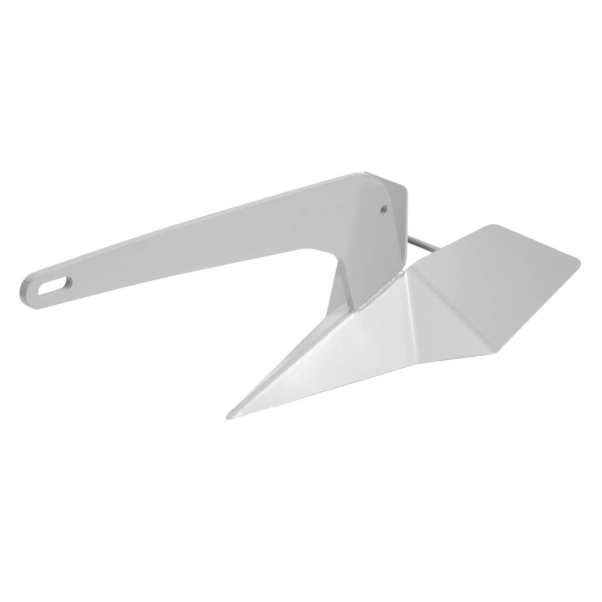 Delta-style wing anchor with gray finish, long horizontal shank and wide front fluke
