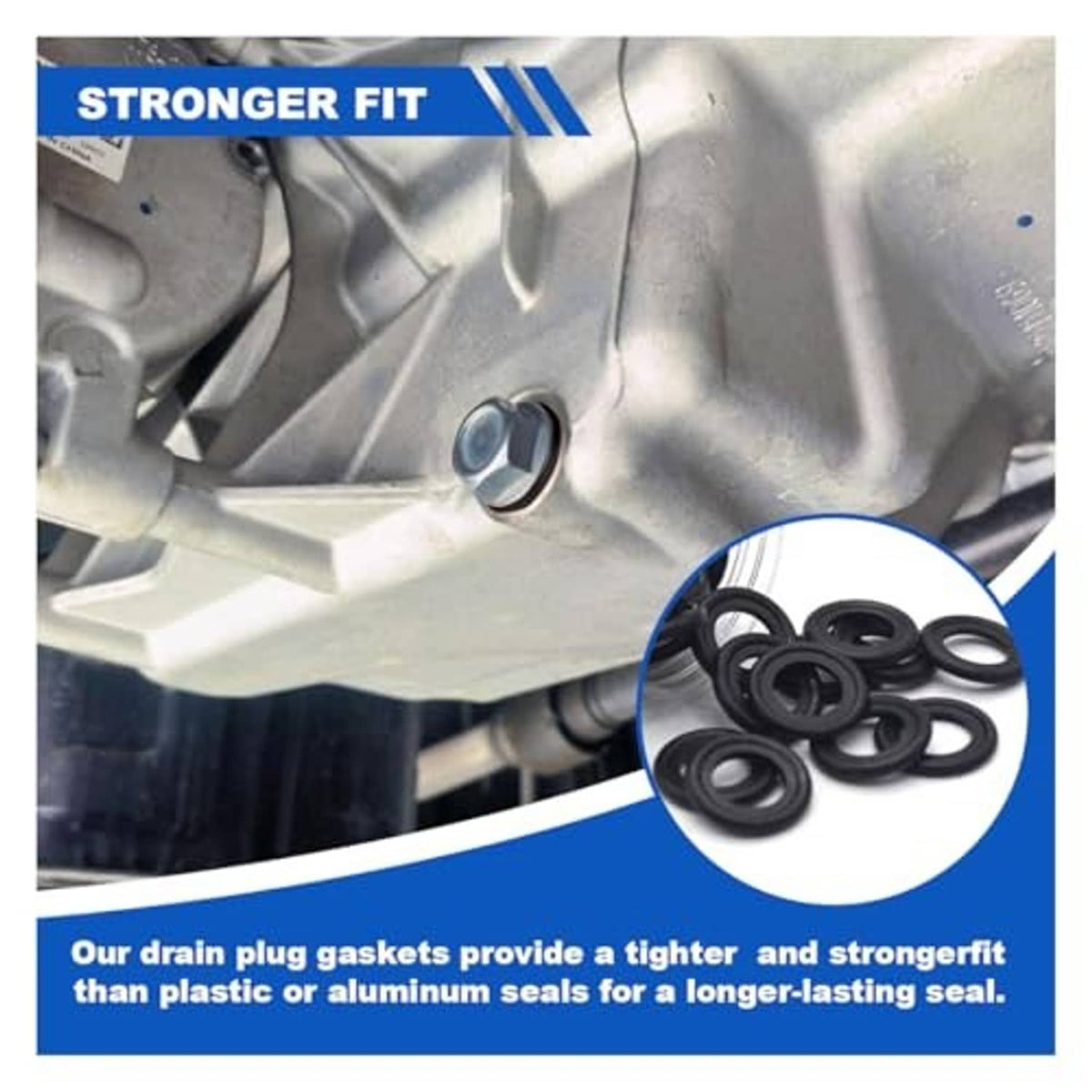Multiple black rubber oil drain plug gasket rings, strong-fit inset