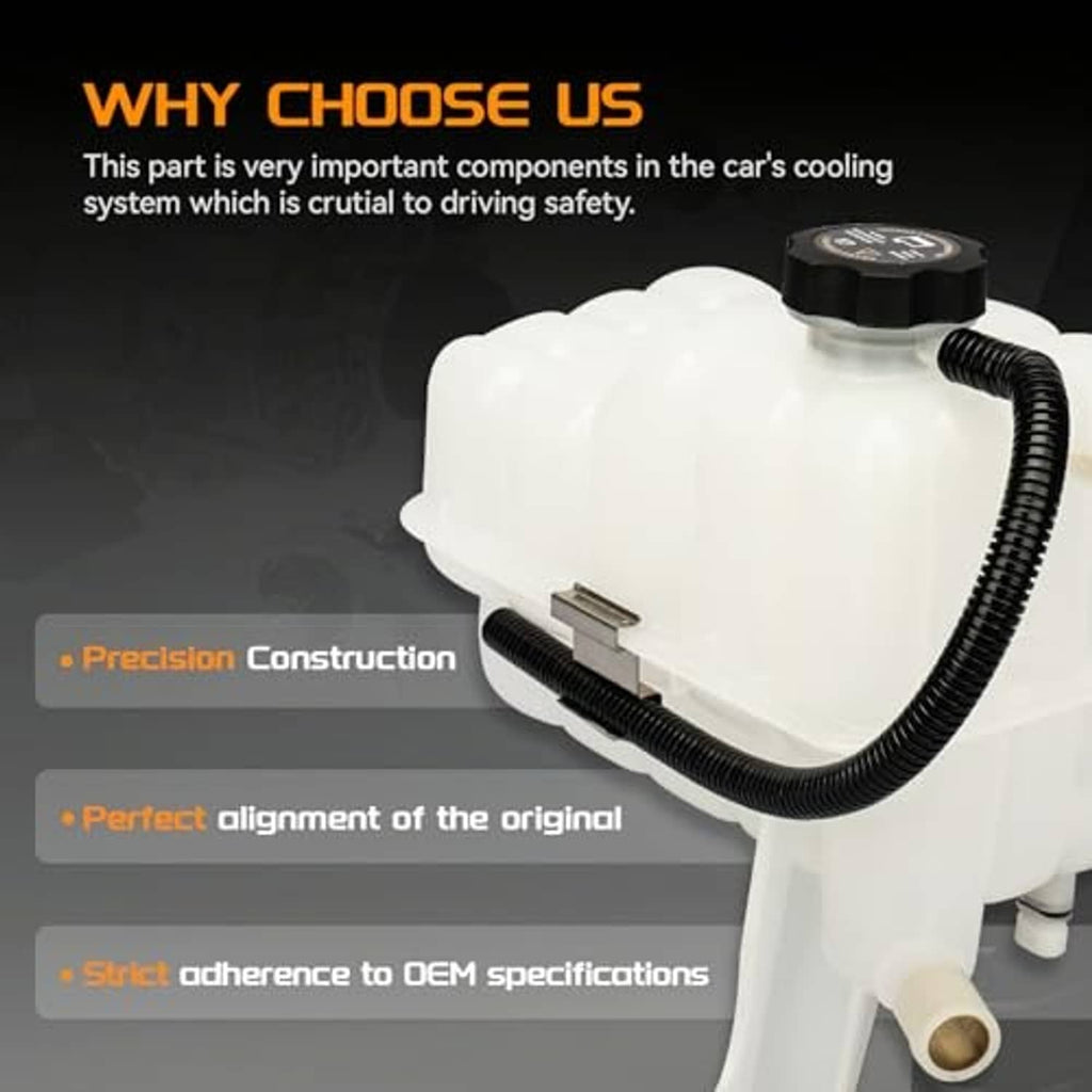 White coolant recovery reservoir tank with black cap and side hose outlets