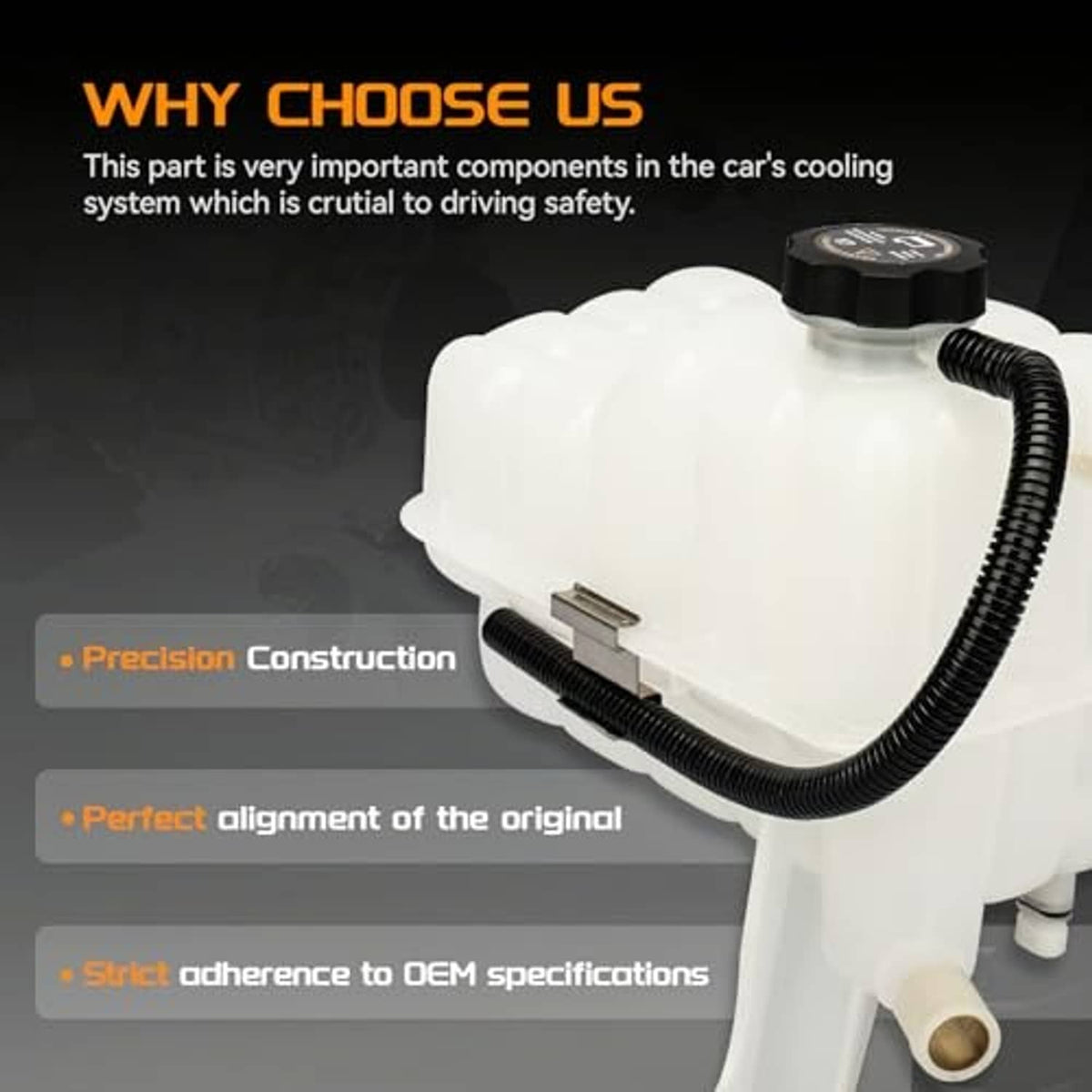 White coolant recovery reservoir tank with black cap and side hose outlets