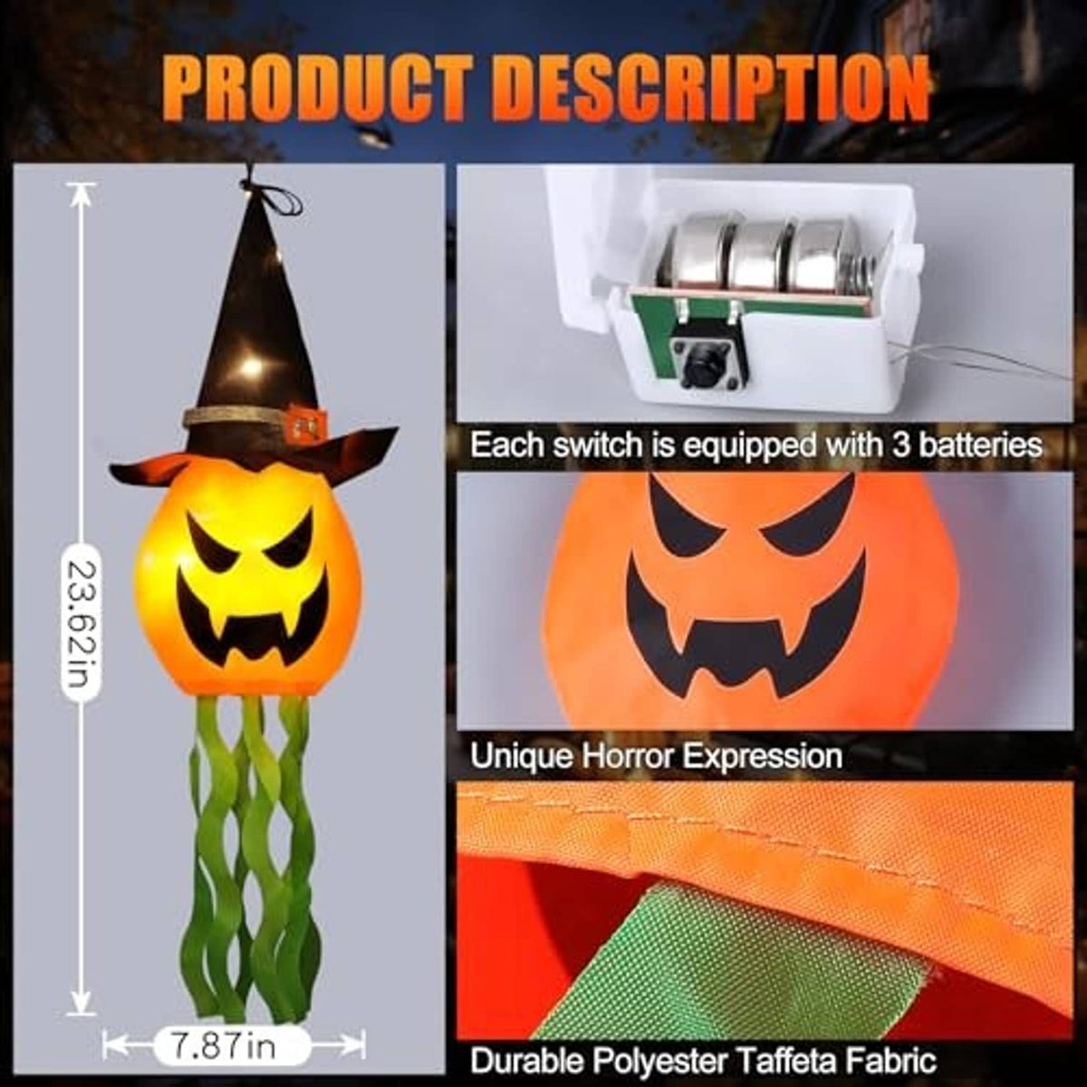 Hanging witch-hat jack-o’-lantern light with battery compartment and polyester fabric close-up