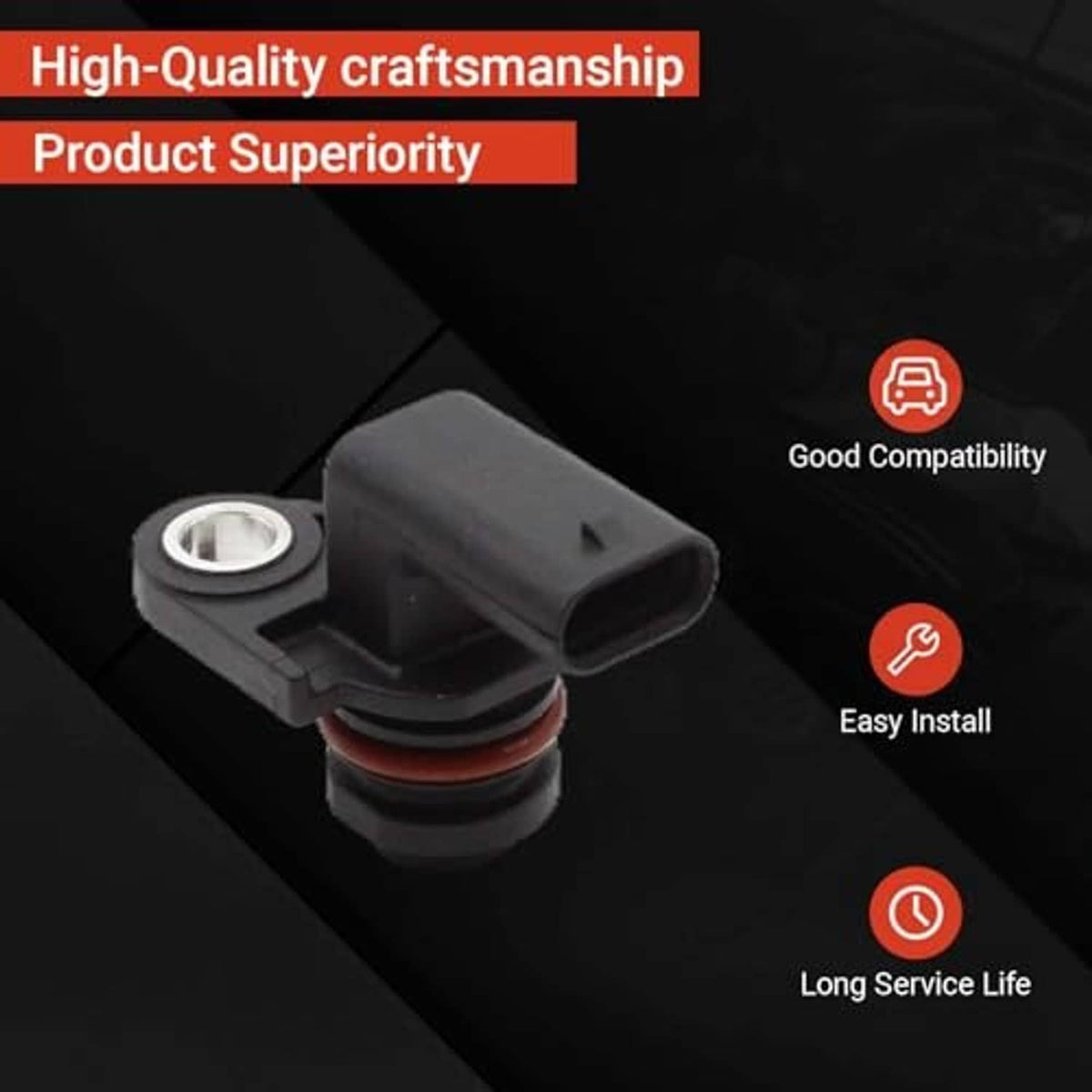 Camshaft position sensor with black housing, round metal mount, and red sealing ring