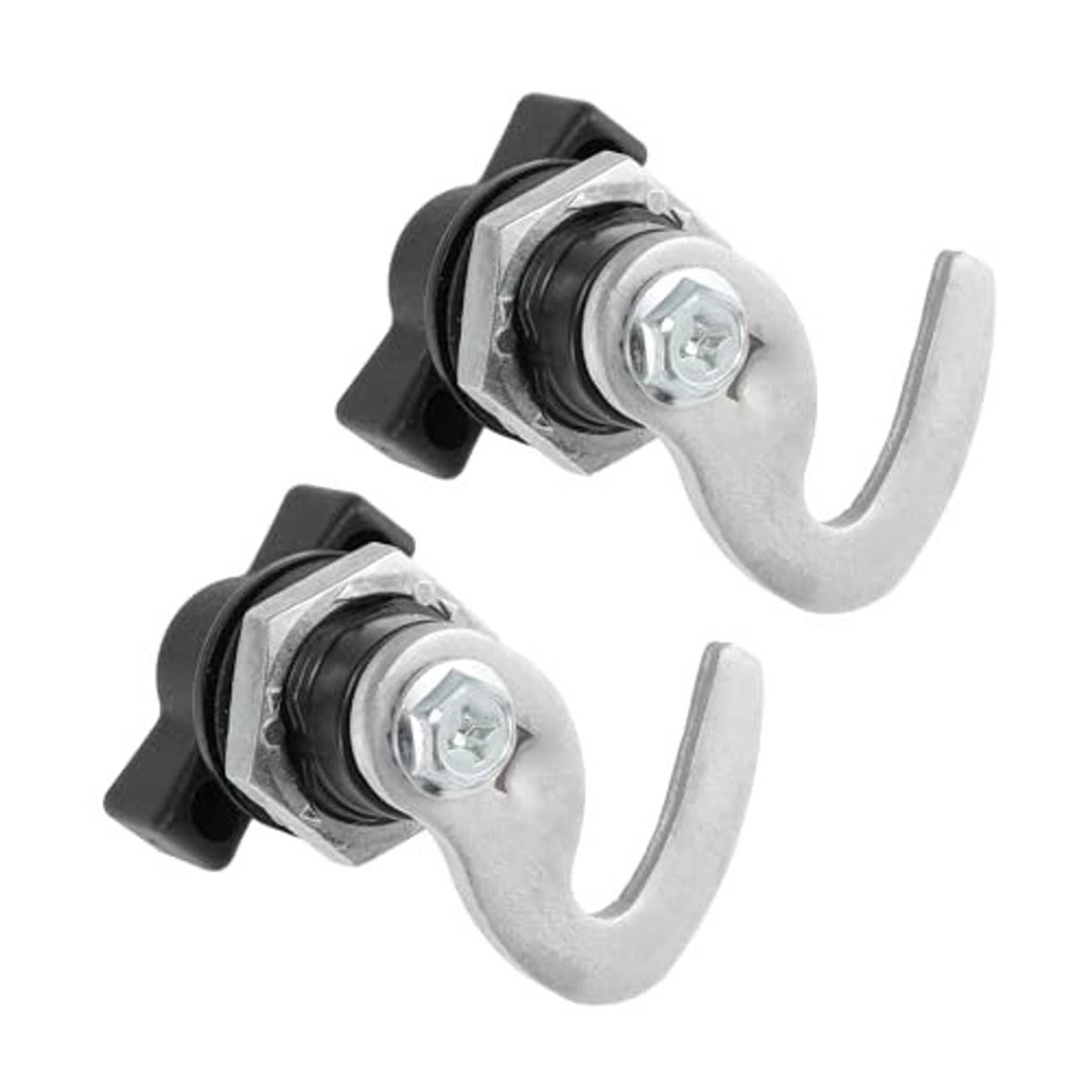 Front storage rack latch with dual silver U-hooks and black bracketed bases
