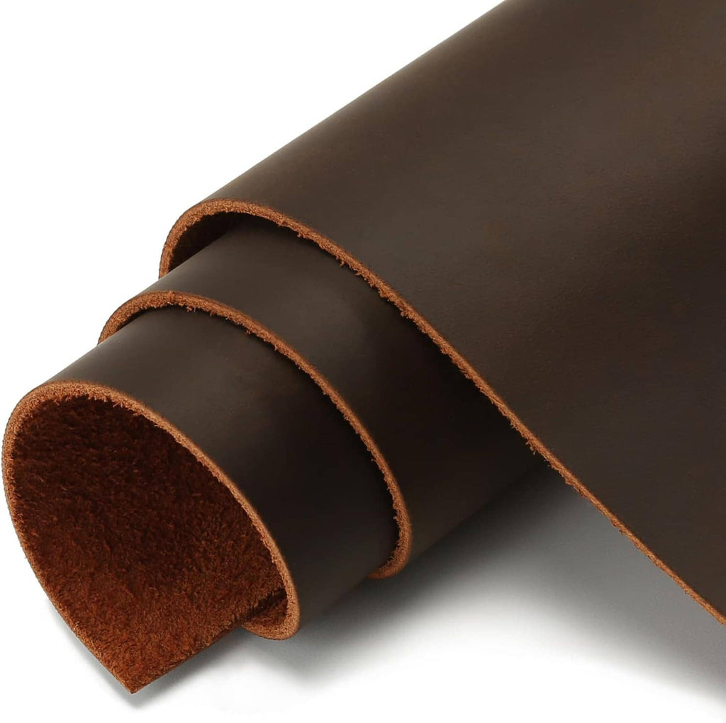 Full grain leather sheet roll, dark brown oil-finished surface with smooth edges.