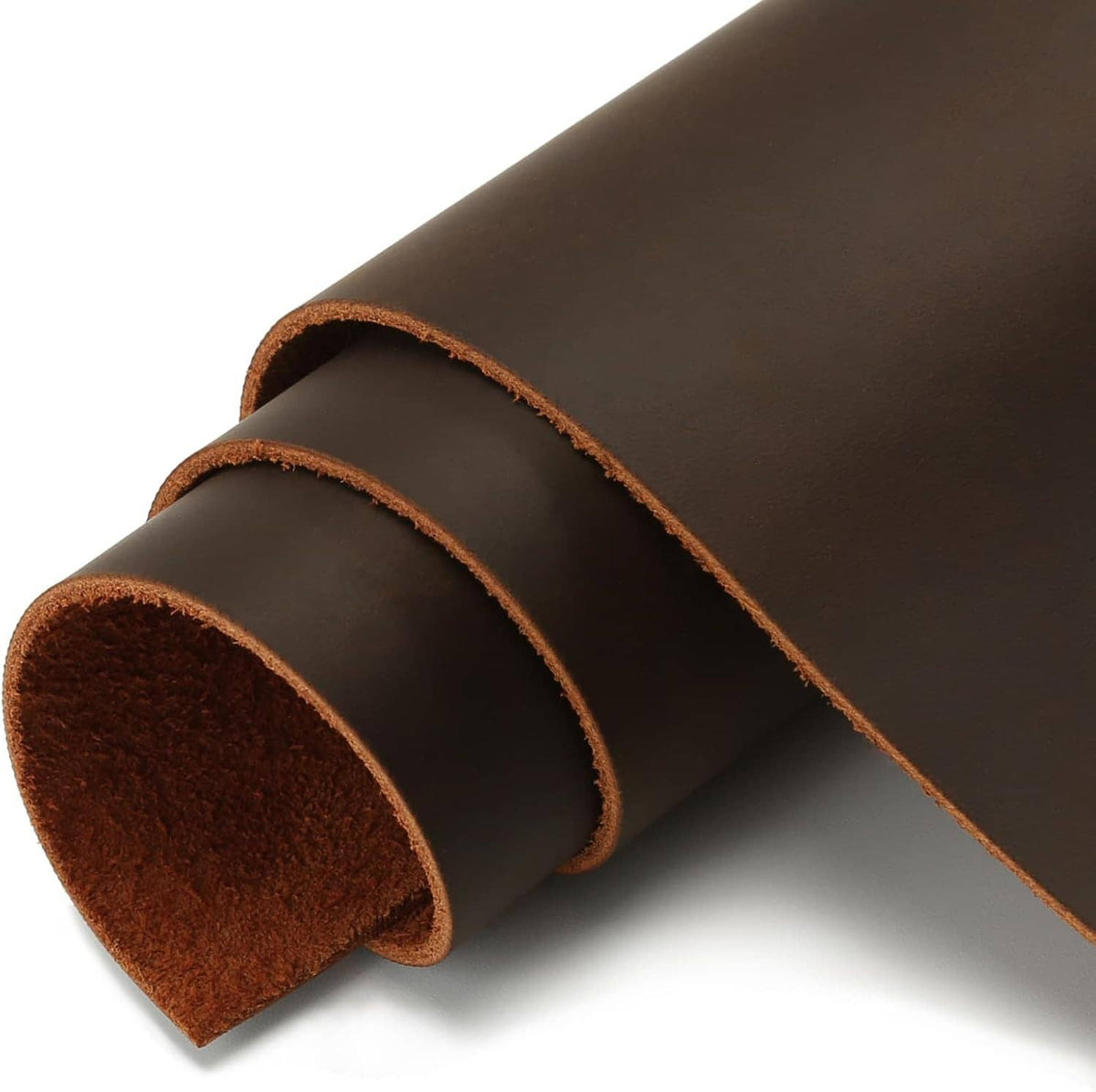Full grain leather sheet roll, dark brown oil-finished surface with smooth edges.