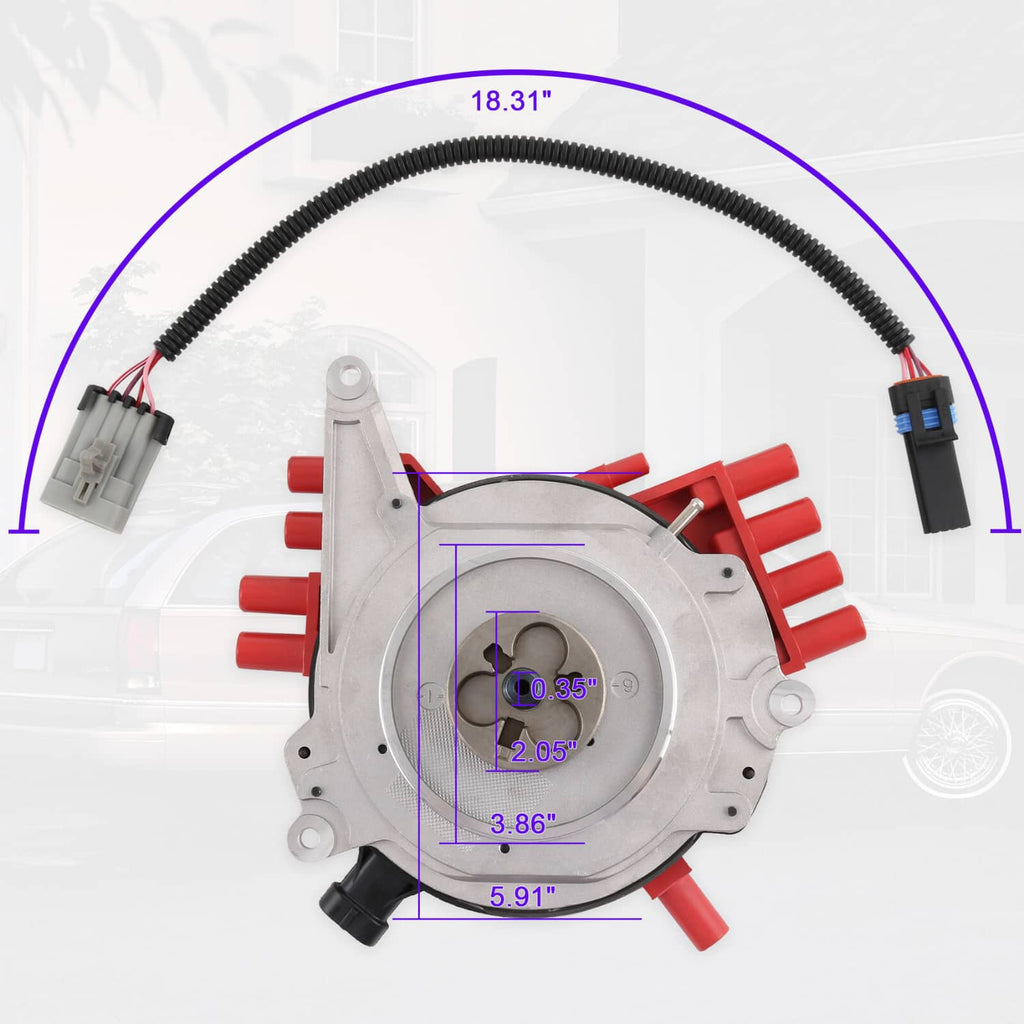 Ignition distributor assembly with multi-pin connector and black wire harness, red terminals