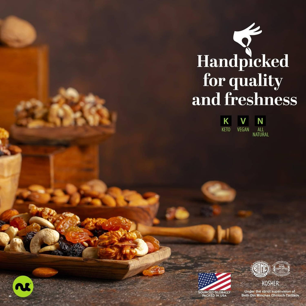 Handpicked Brazil nuts in bowls with dried nuts and seeds displayed for quality