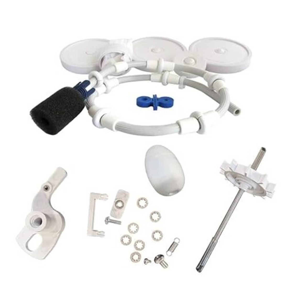 White rebuild kit parts with foam filter: hoses, wheel covers, turbine assembly, fasteners
