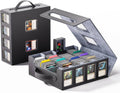 Gray trading card storage box with handle, open lid, and front acrylic card windows.