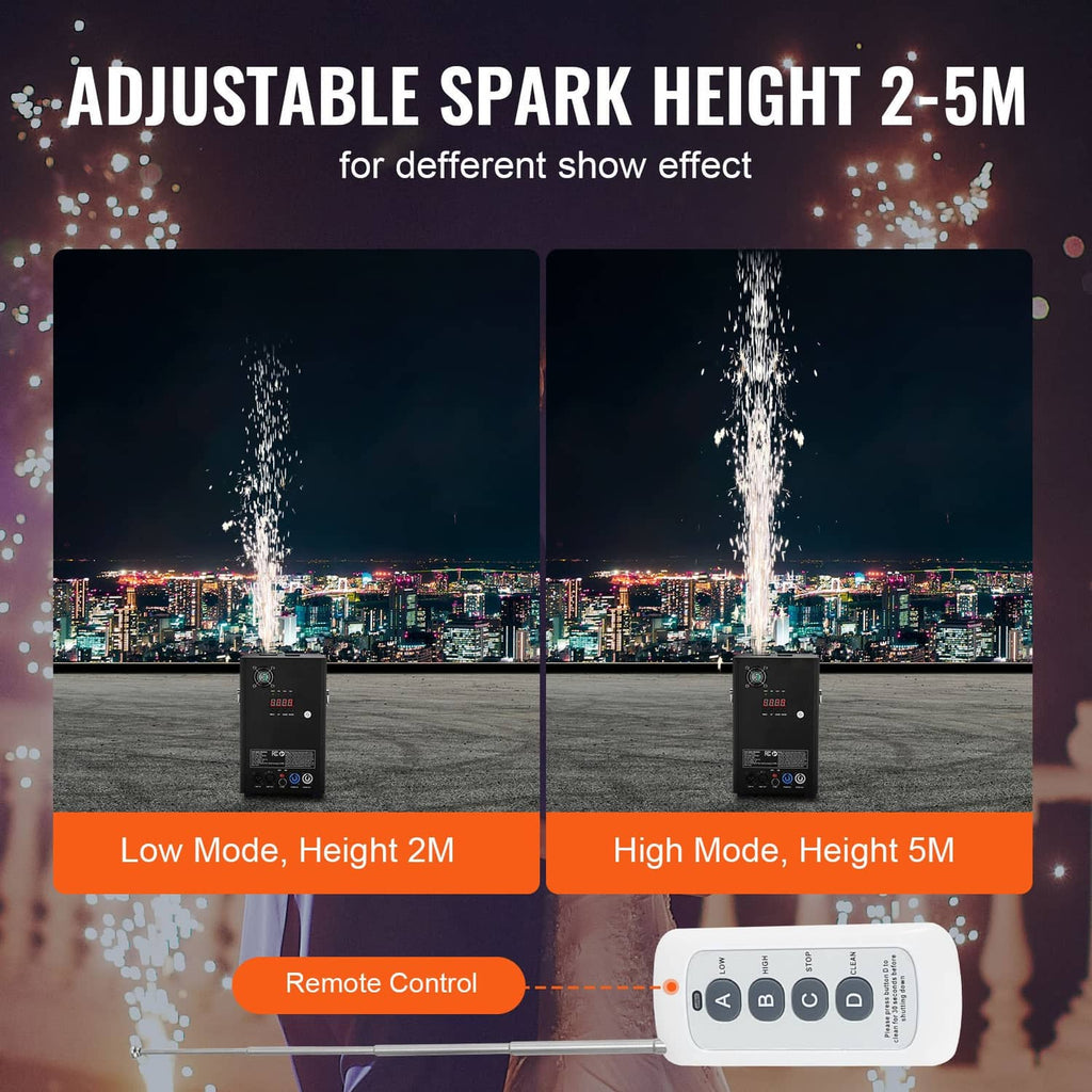 Cold spark machine with adjustable spark height shown for low and high modes
