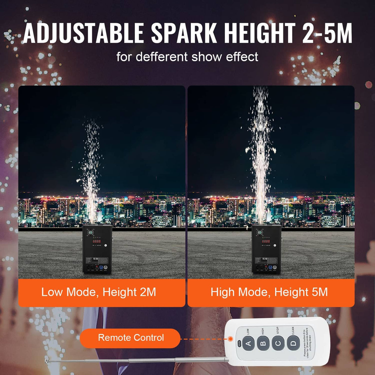 Cold spark machine with adjustable spark height shown for low and high modes