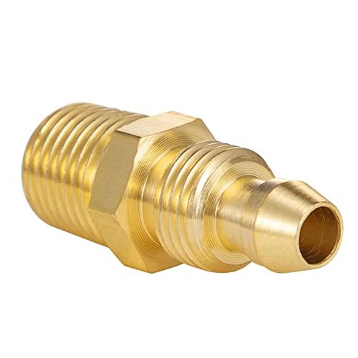Brass 1/4 inch fitting close-up, knurled collar and tapered connection tip