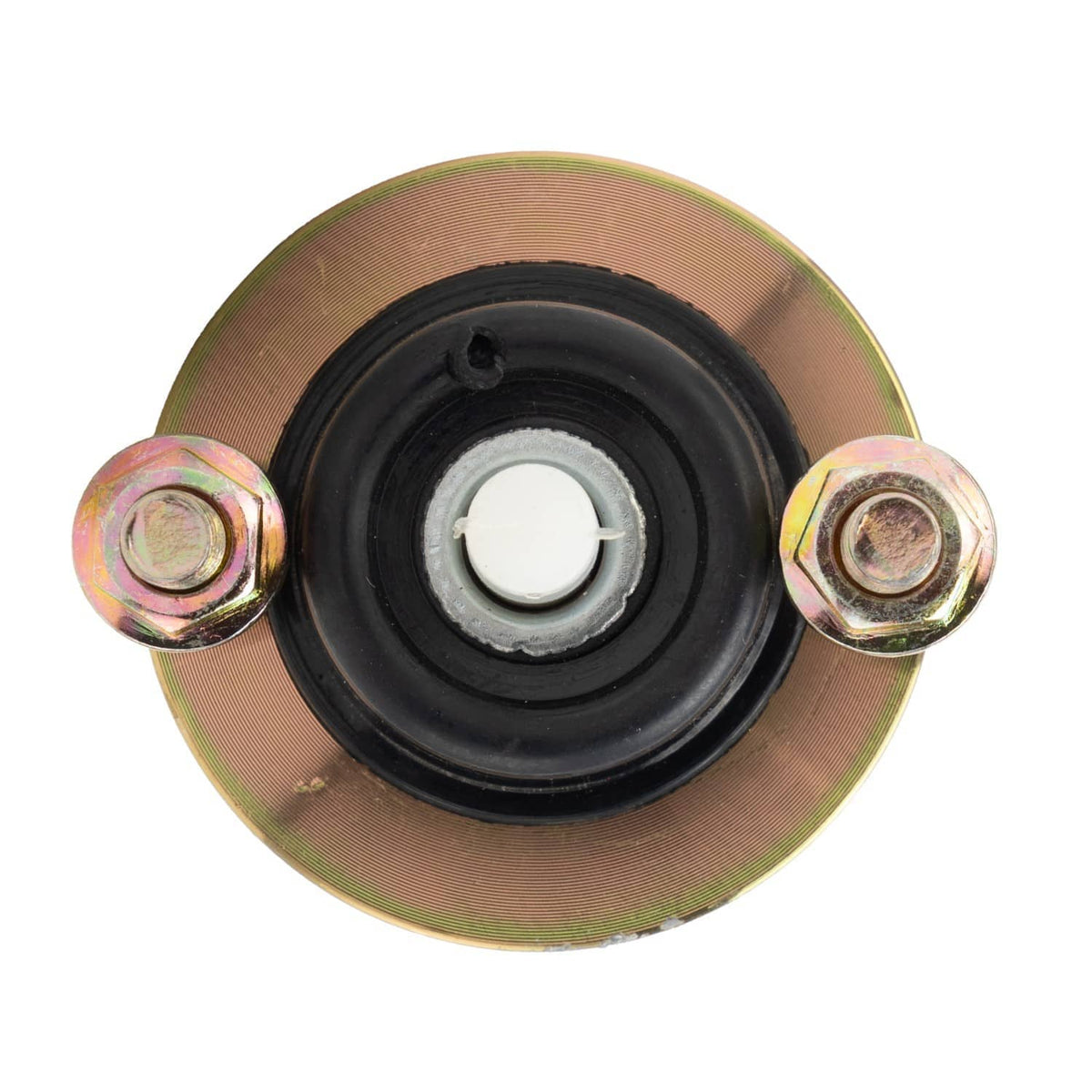 12V starter solenoid base view with black rubber diaphragm and copper bolts