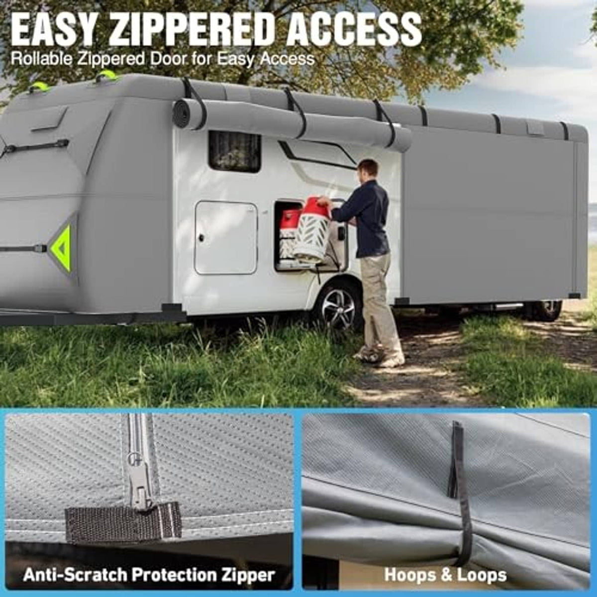 Gray RV cover with zippered access door and hook-and-loop attachment for easy entry.