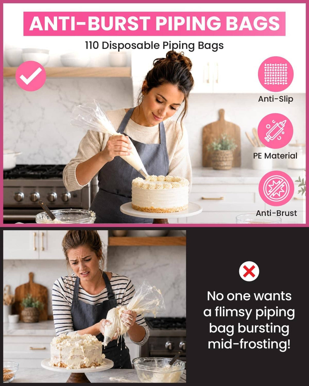 Disposable piping bags packaging with anti-burst and anti-slip design