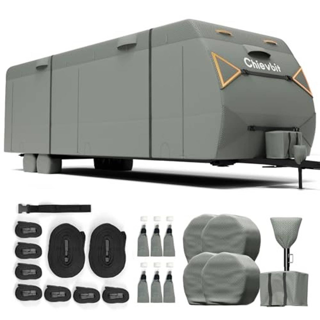 Gray RV travel trailer cover with included strap kit and cover accessories