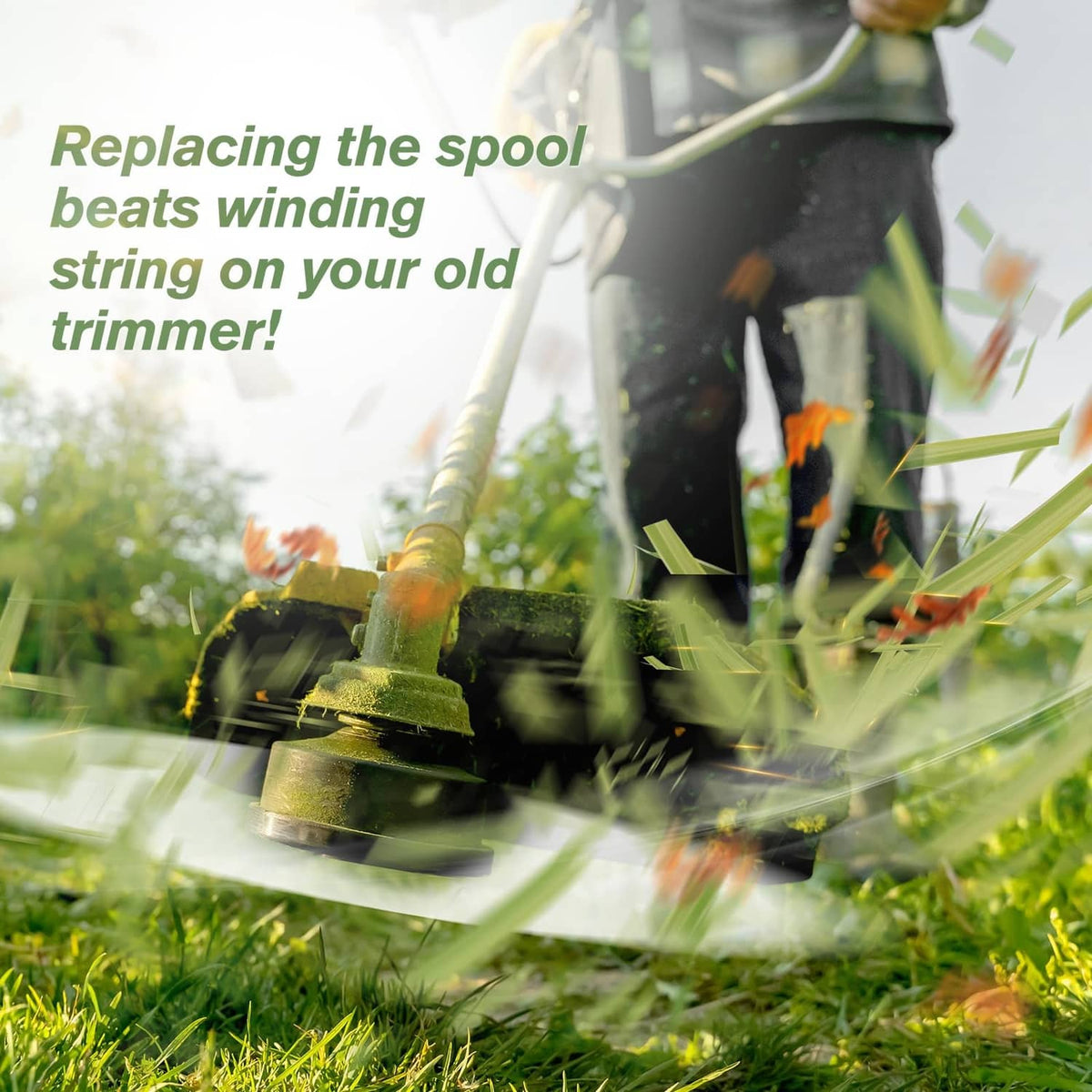 Weed trimmer spool replacement showing black reel with cutting line over grass