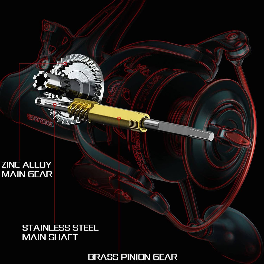Exploded view of spinning reel internal gears and shaft in black and gold