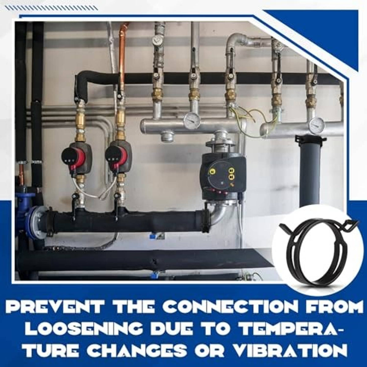 Black band hose clamps on industrial piping connections