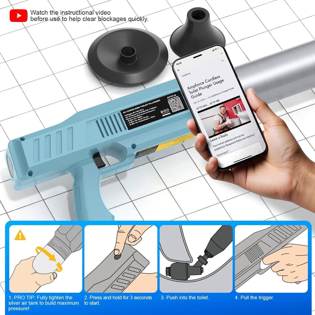 Dusty blue electric toilet plunger on tiled floor with phone showing instructions