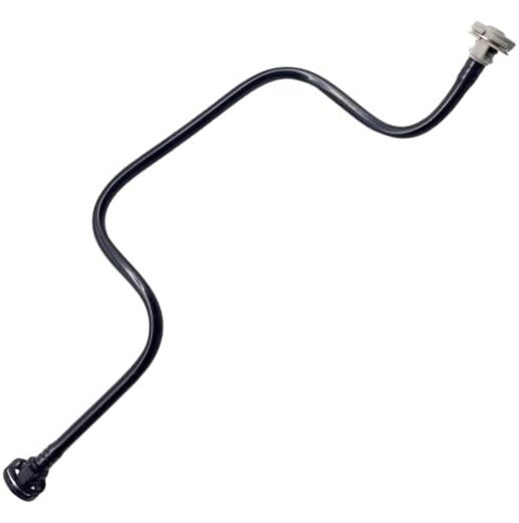 Engine coolant reservoir hose with metal fittings, dark rubber tubing