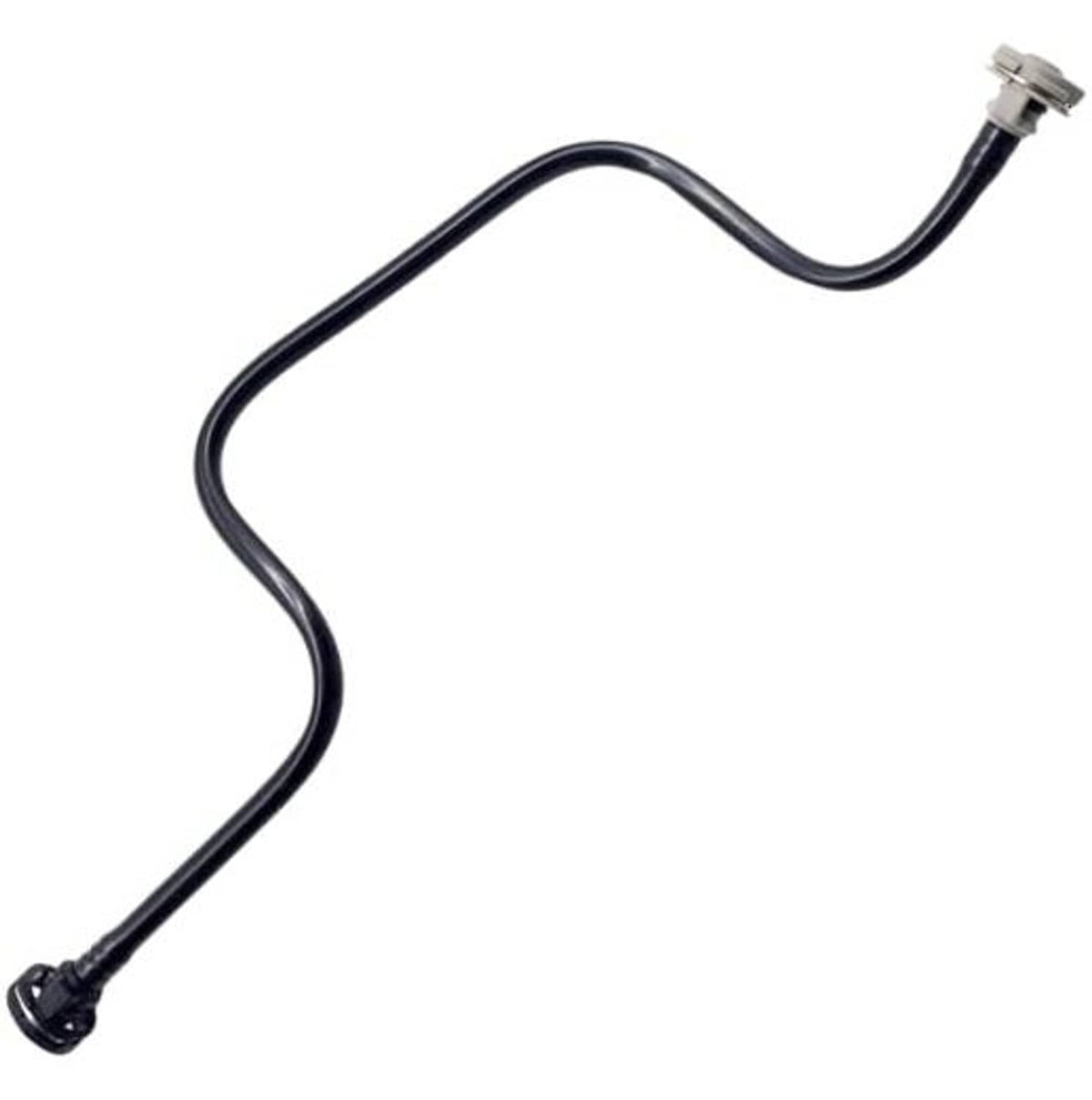 Engine coolant reservoir hose with metal fittings, dark rubber tubing