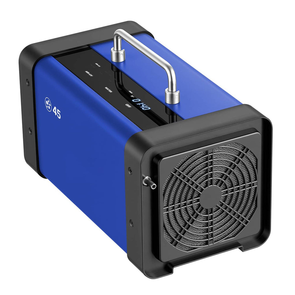 Blue and black ozone generator with handle and front grille fan on top stand