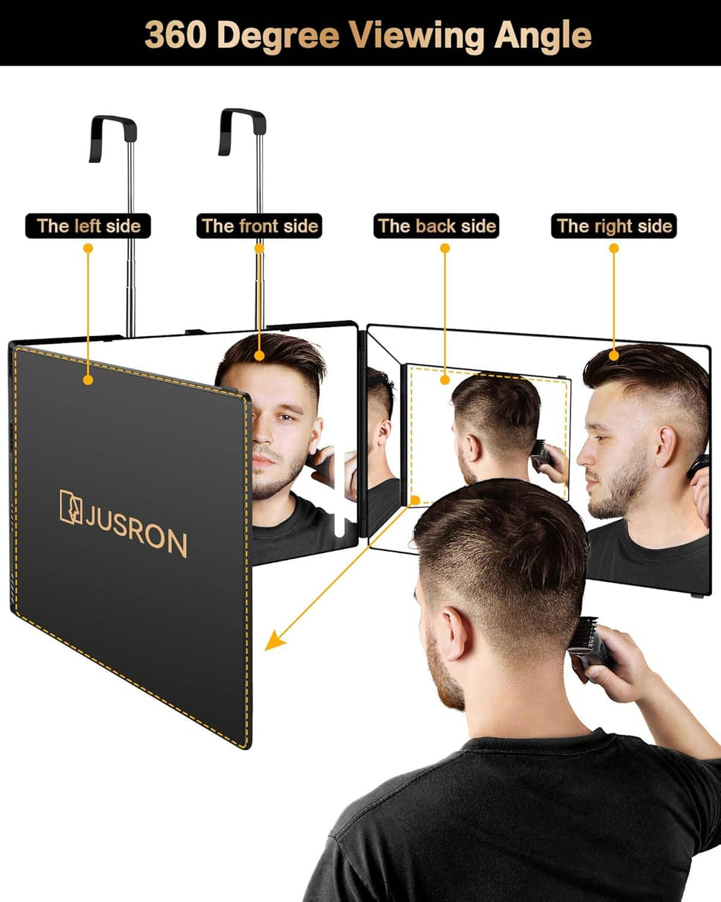 Multi-angle hair cutting mirror showing left, front, back, and right views